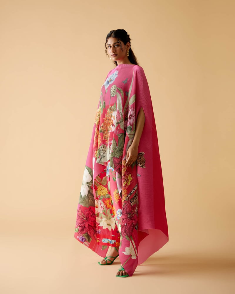 Fuschia/Magenta Pleated Satin Floral Print Cape