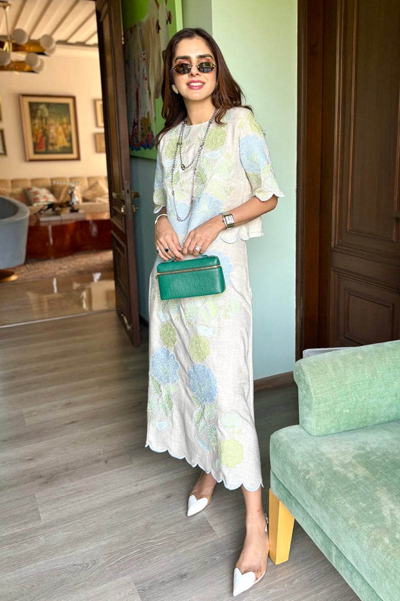 Sand Linen Applique Top and Midi Skirt Co-ord Set