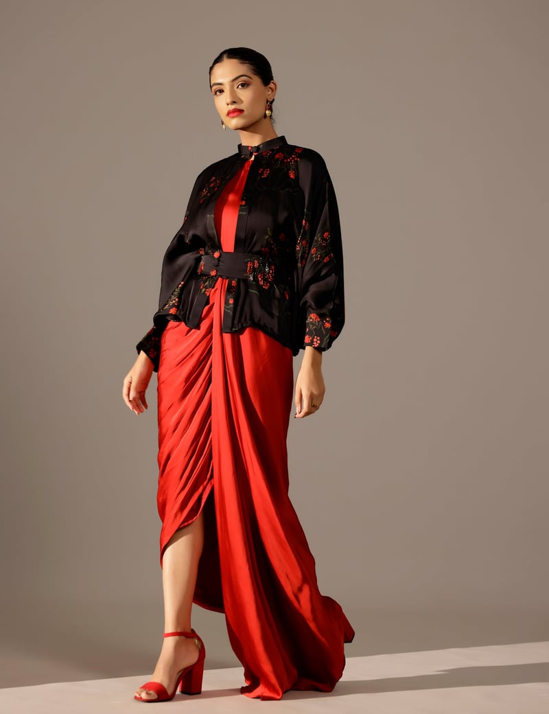 Maroon Black Draped Maxi Gown Set with Kimono and Belt