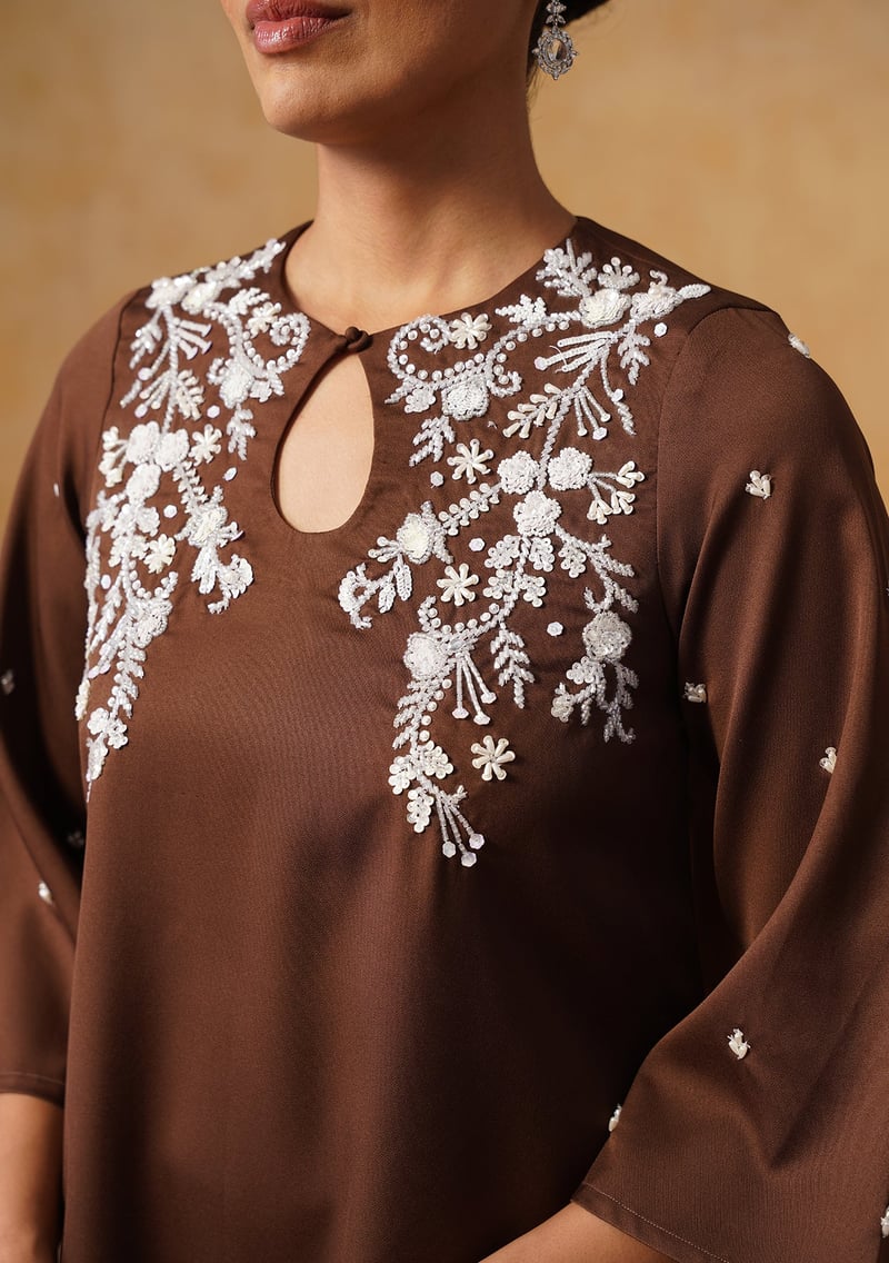 Chocolate Brown Embroidered Tunic and Flared Pants Co-ord Set