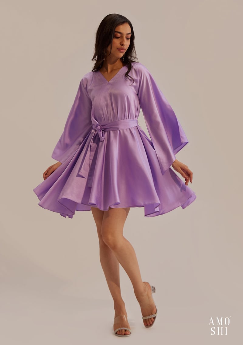 Lilac Satin Fit and Flare Mini Dress with Belt — AMOSHI