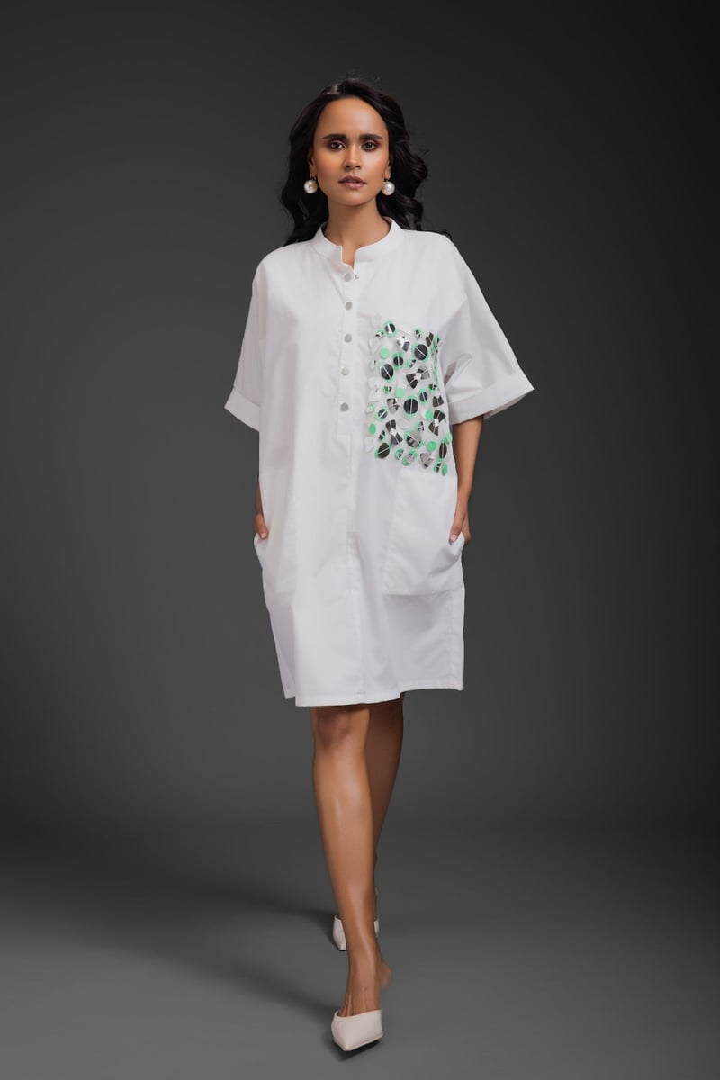 White Relaxed Shirt Dress with Statement Pocket — Deepika Arora