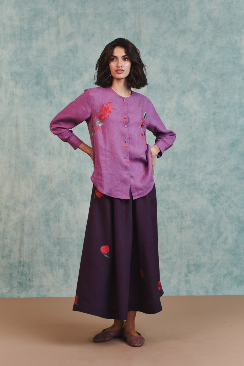 Berry Linen Embroidered Round Hem Shirt