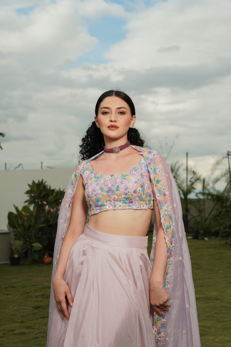 Pink Embroidered Lehenga Set with Tiered Skirt