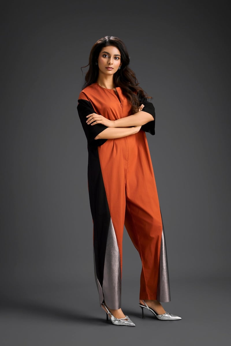 Rust Colorblock Jumpsuit with Metallic Panel Detail