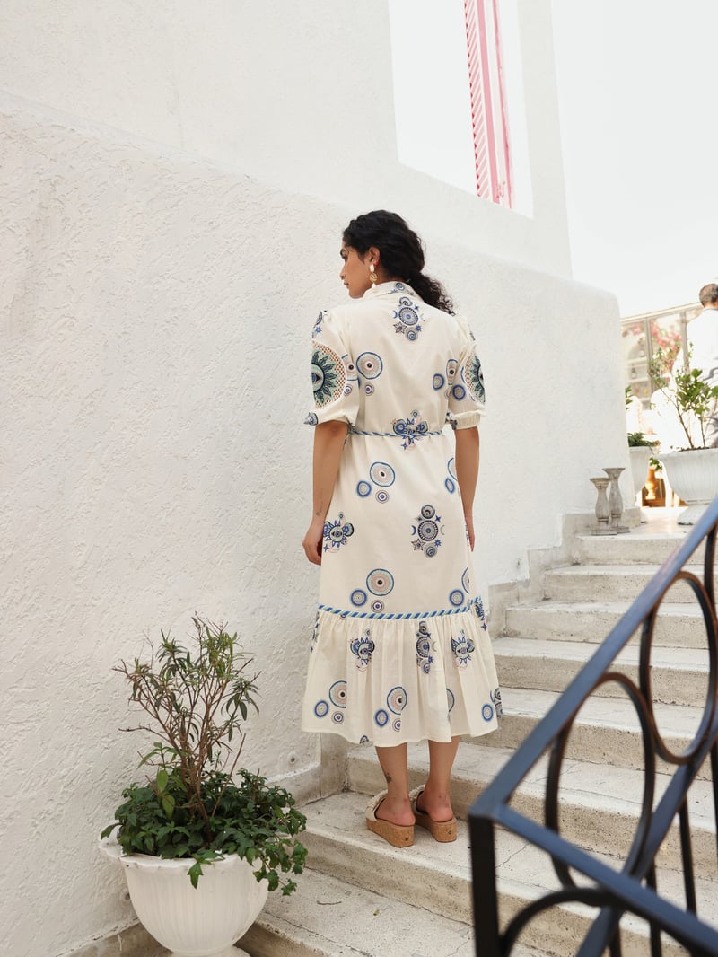 Green & Blue Sun & Moon Print Long Dress
