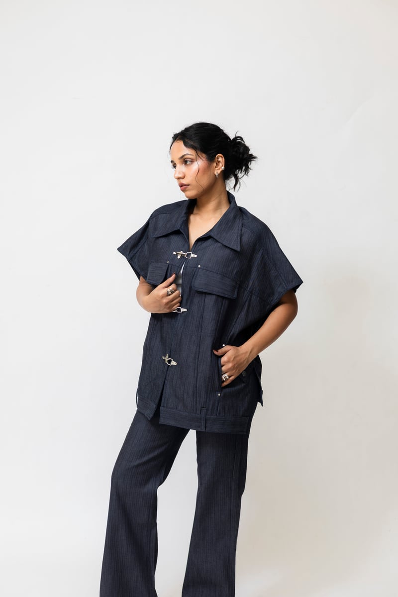 Navy Blue Oversized Herringbone Denim Utility Jacket