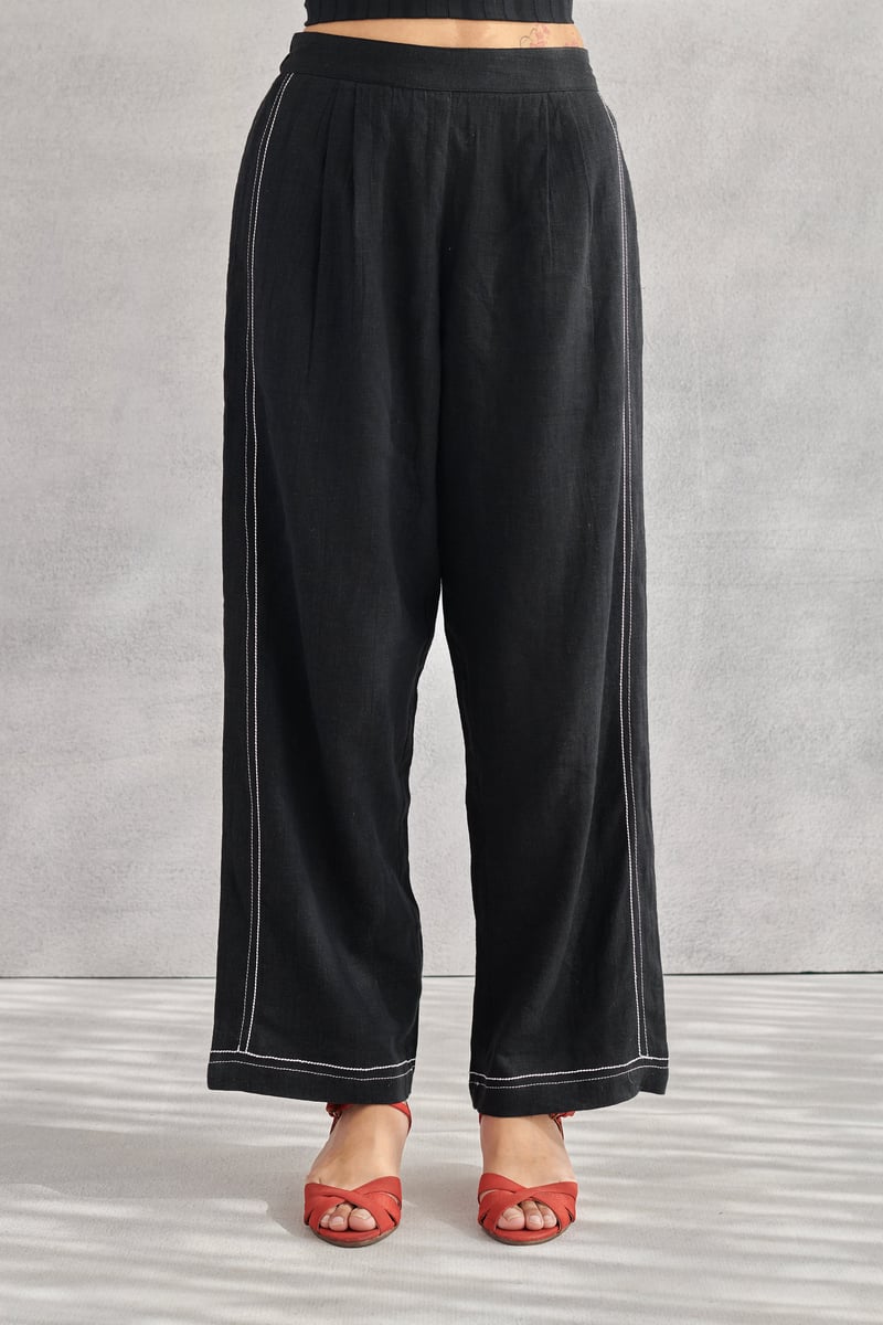 Black Linen-Blend Straight-Leg Trousers with Contrast Stitch