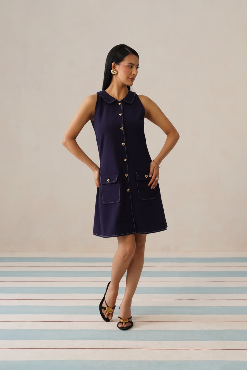 Dark Blue Sleeveless Collared Button-Front Mini Dress