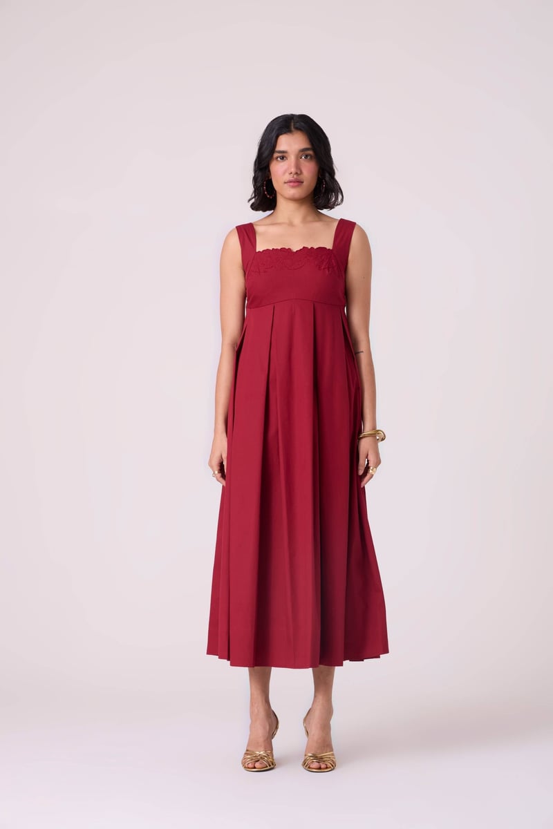 Wine Red Embroidered Neckline Fit and Flare Midi Dress