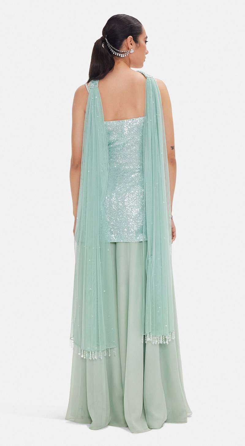 Sea Green Sequin Kurta Sharara Set with Dupatta