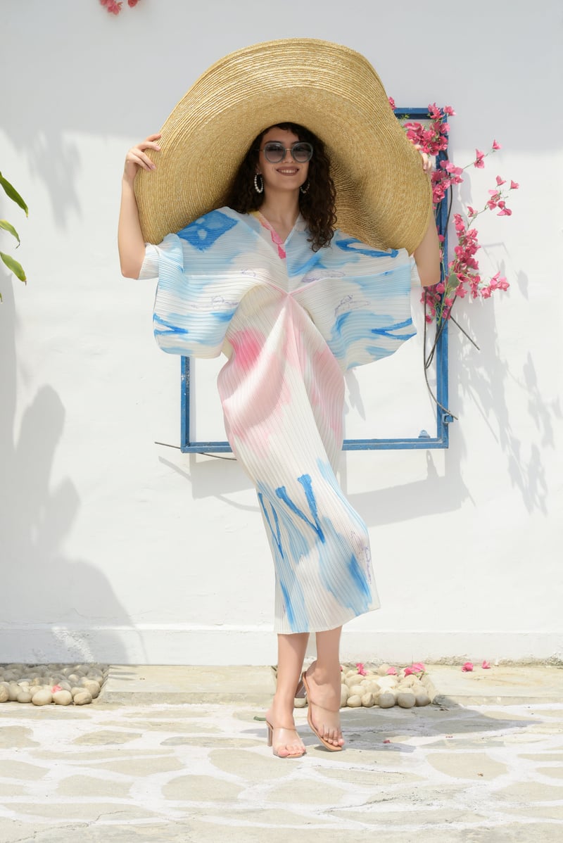 Colour Splash Pleated Kimono Sleeve Midi Dress — TASUVURE