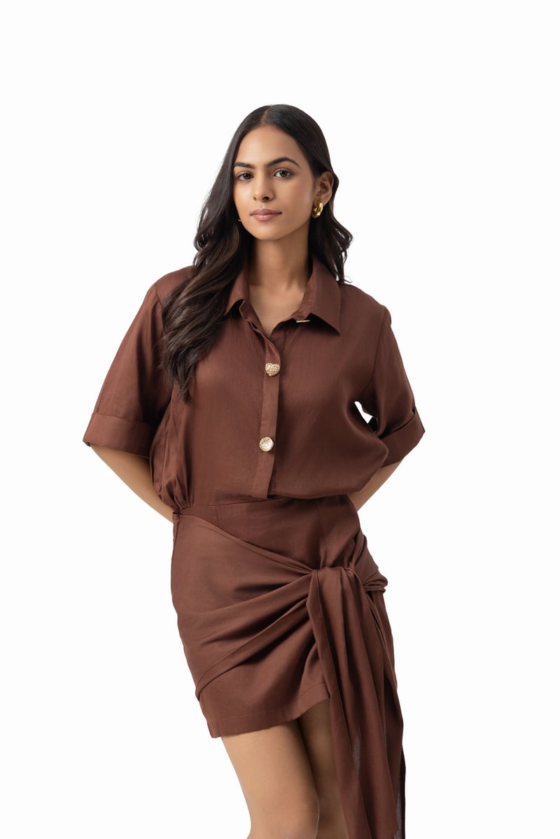 Espresso Cotton Mini Shirt Dress with Hip Tie-Up Drape