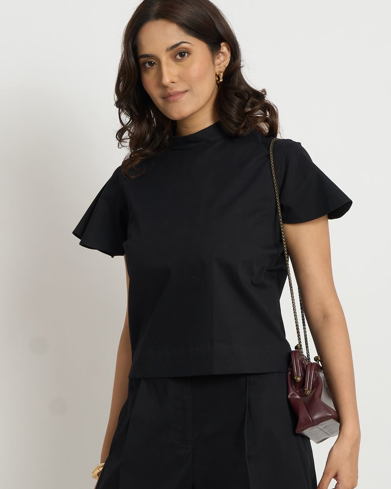 Black Mock Neck Flutter Sleeve Cotton Top — Loma Naturally