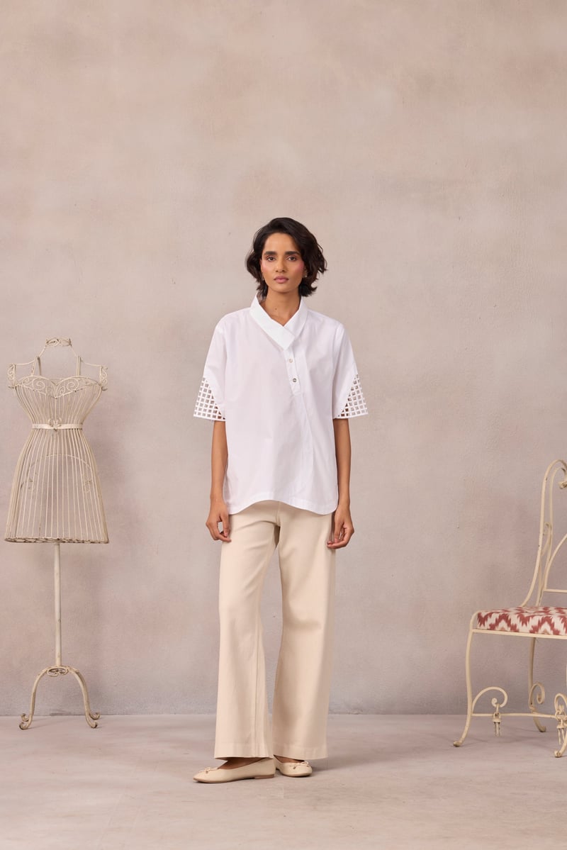 Bright White Poplin Shirt with Geometric Sleeve Cutwork