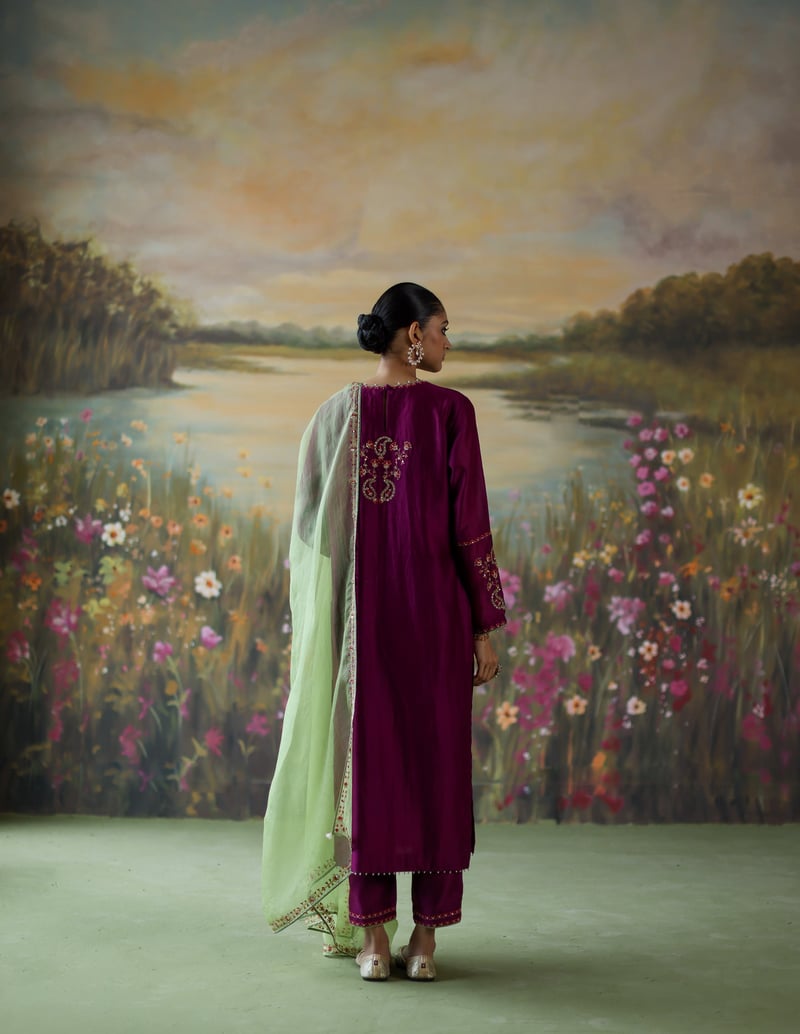 Aubergine Embroidered Straight Kurta Set with Dupatta