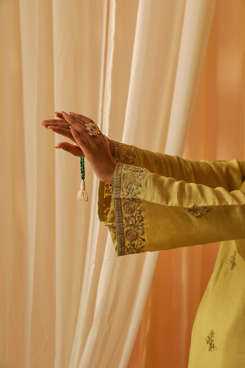 Yellow Chanderi Embroidered Kurta Set With Organza Dupatta