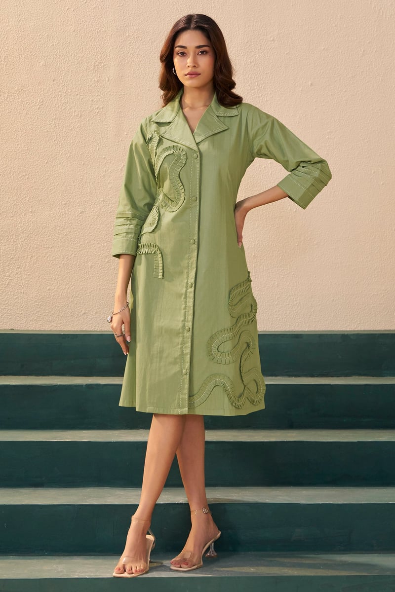 Orange Midi Shirt Dress with Tonal Applique