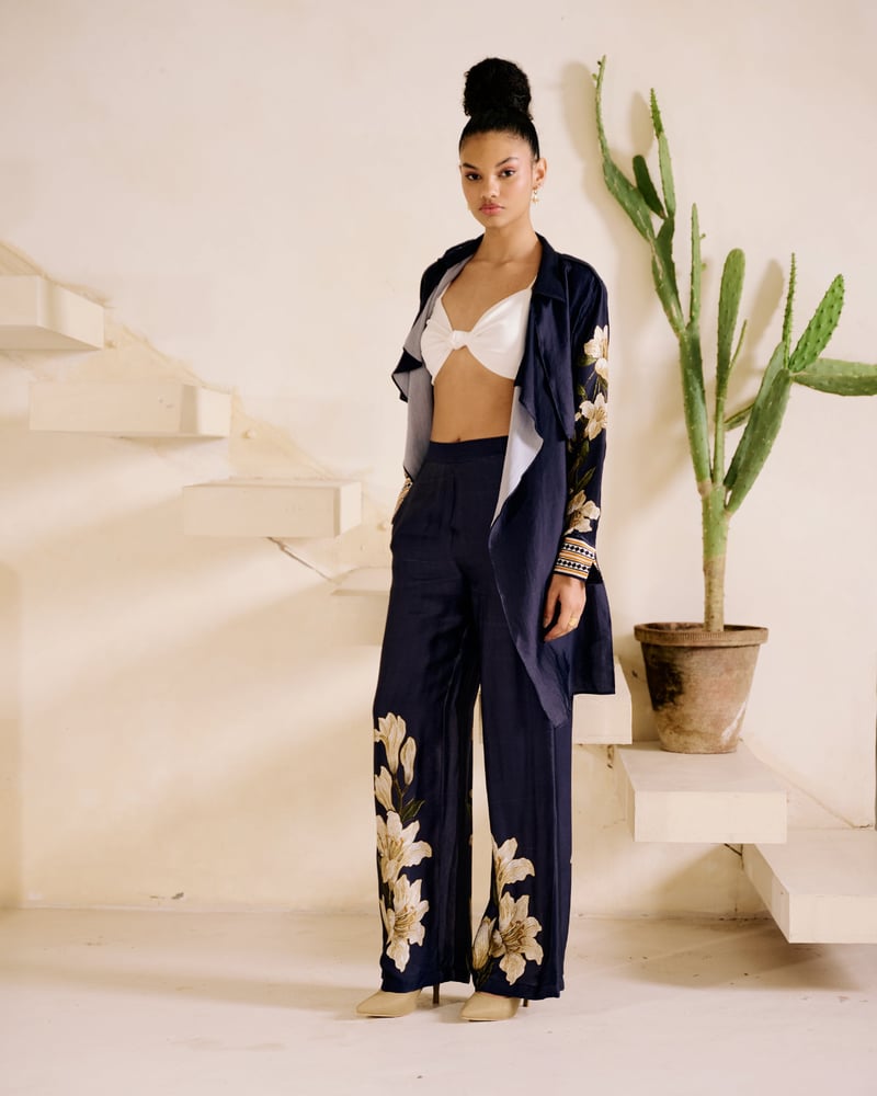 Blue High-Waist Wide-Leg Satin Trousers with Floral Print — Missy Co.