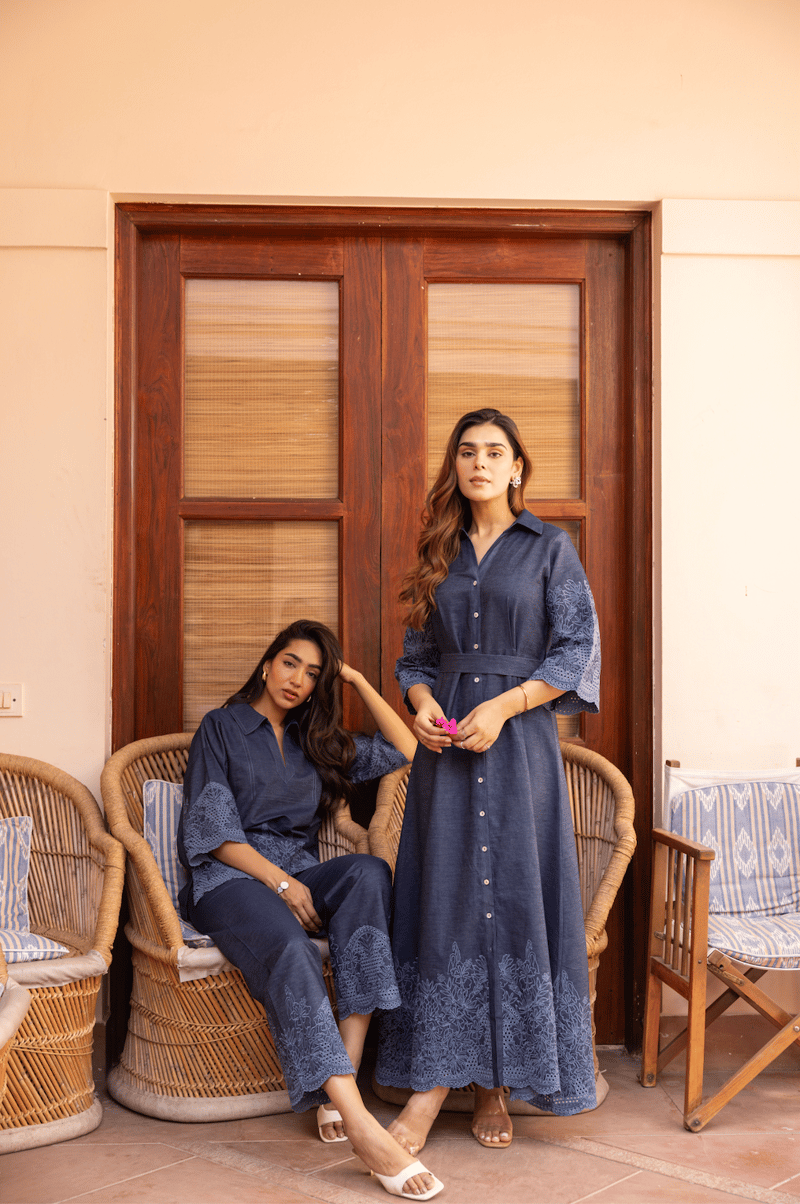 Blue Denim Maxi Shirt Dress with Belt and Cutwork Hem