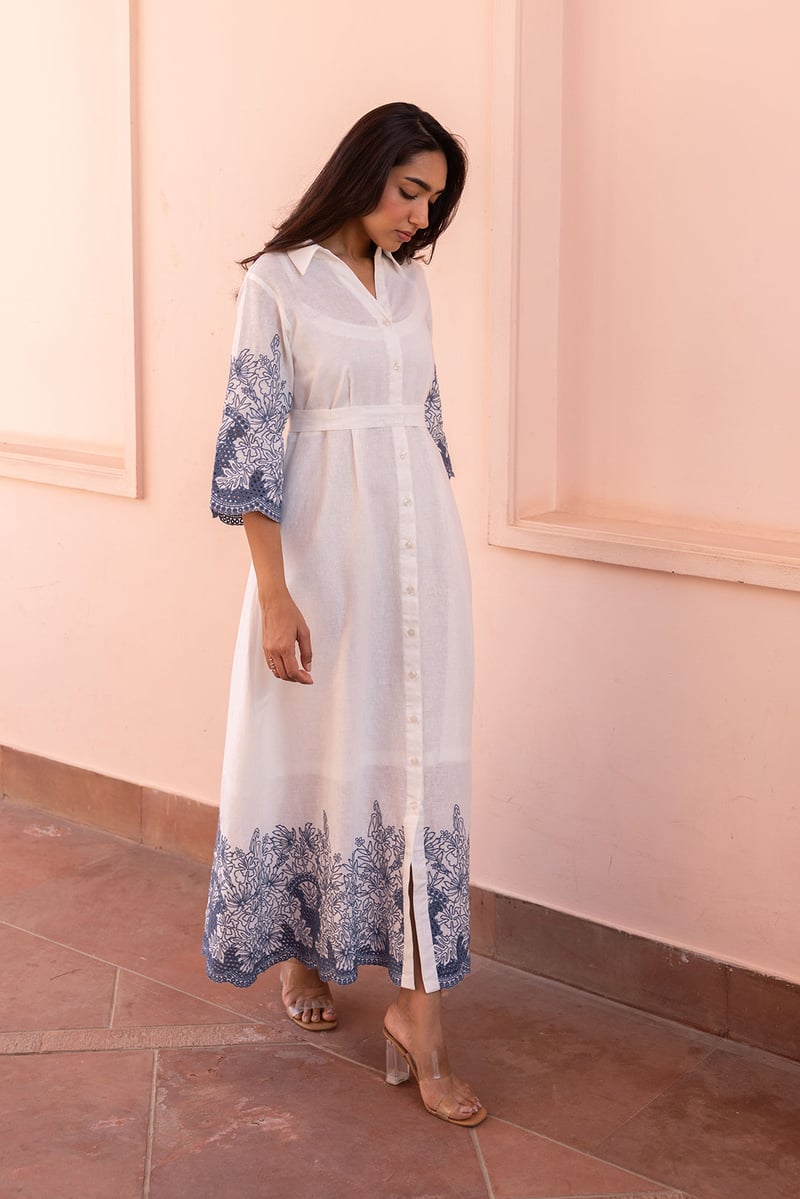 White Maxi Shirt Dress with Blue Embroidery and Cutwork