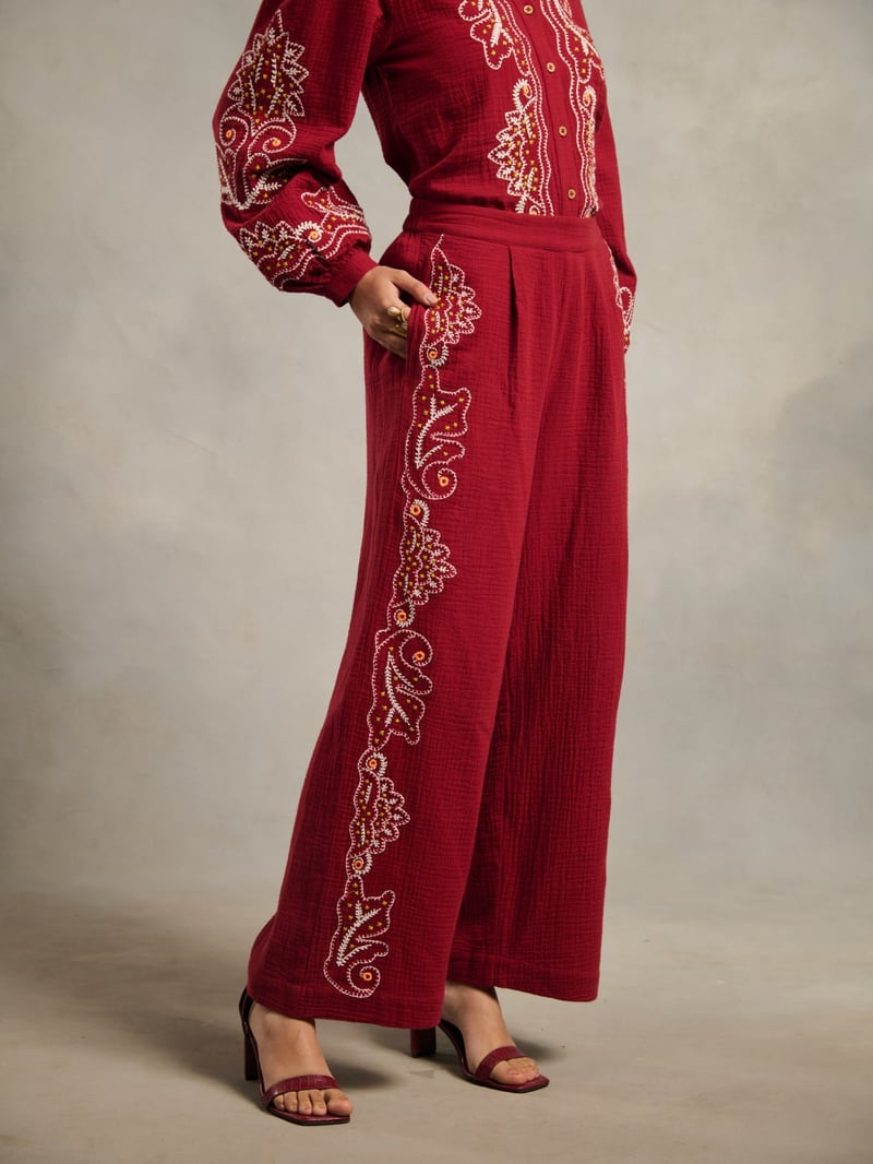 Maroon Embroidered Wide-Leg Cotton Trousers