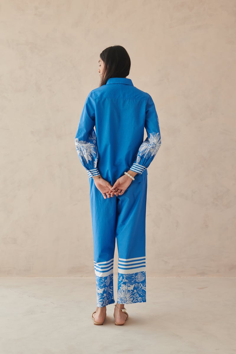 Blue Cotton Shirt with Floral Sleeve Placement Print