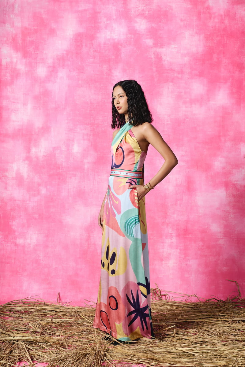 Multicolor Printed Halter-Neck Maxi Dress
