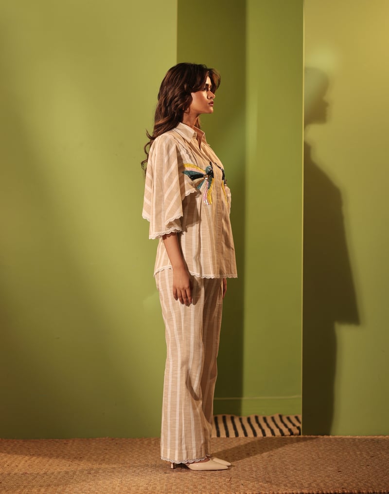 Beige and White Striped Cotton Straight-Leg Trousers