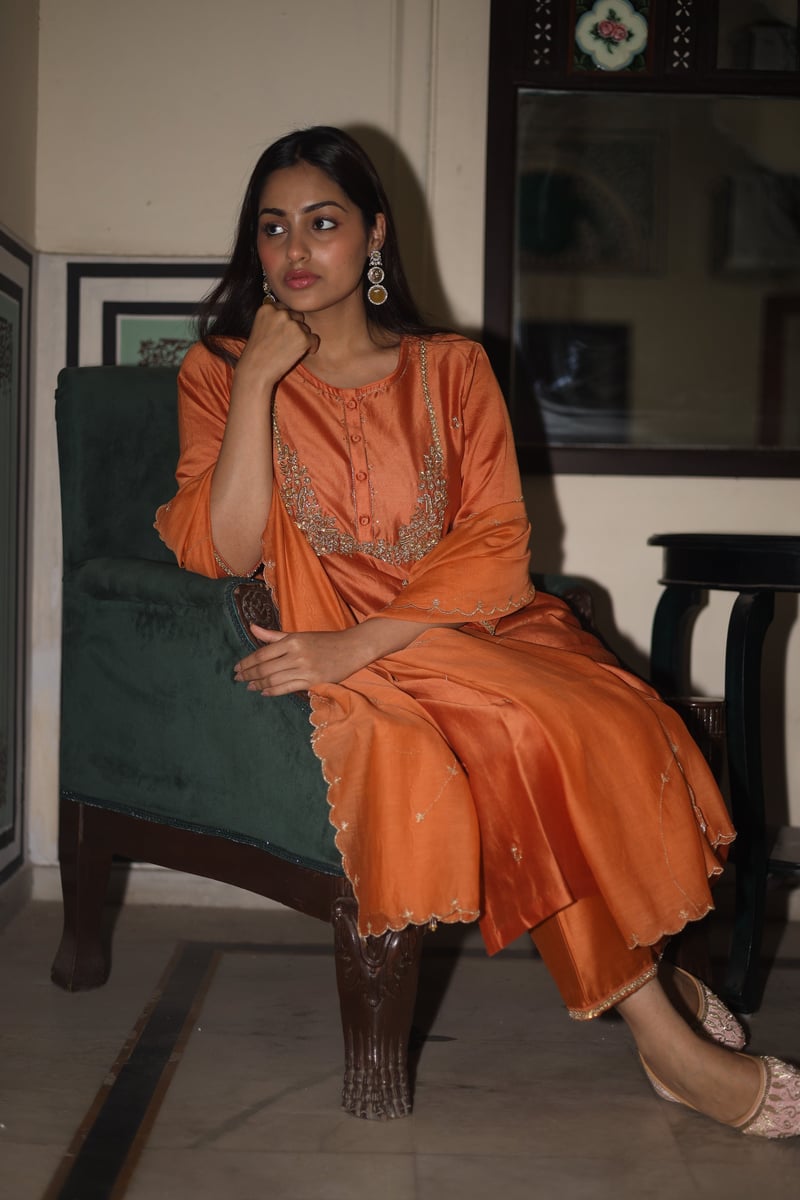 Rust Orange Zardozi Work Silk Chanderi Suit Set