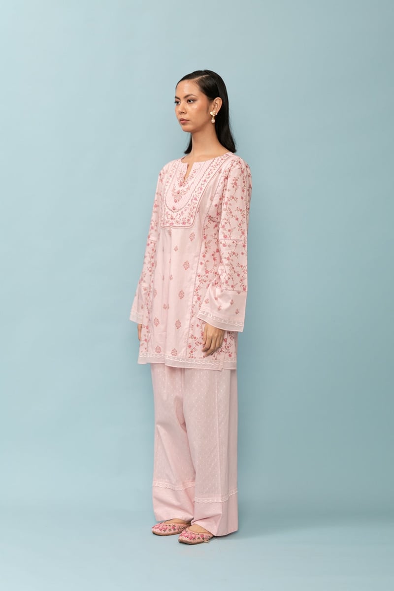 Baby Pink Tonal Floral Print Kurta Set with Organza Sleeves