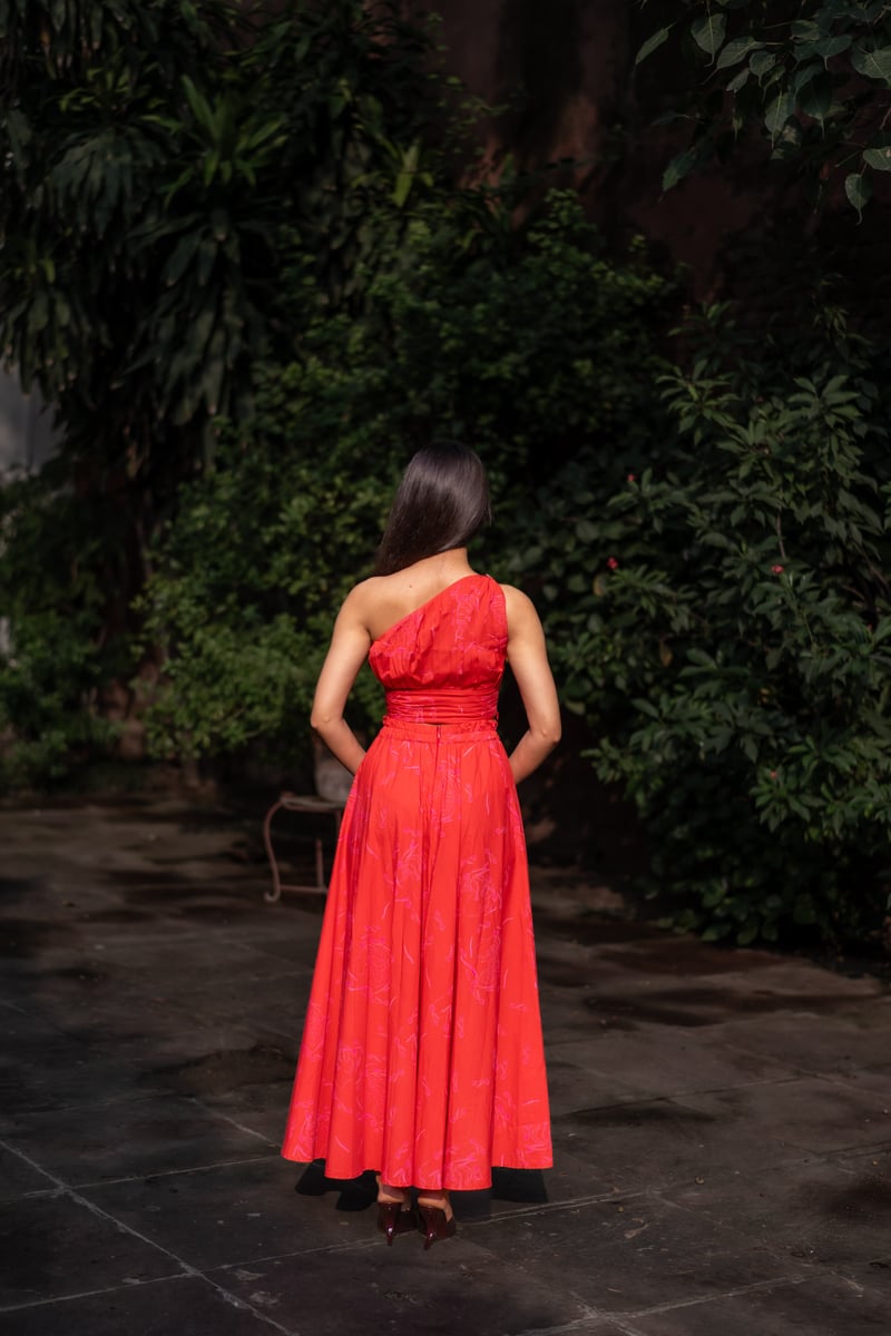 Red One-Shoulder Pleated Top and Maxi Skirt Co-ord Set