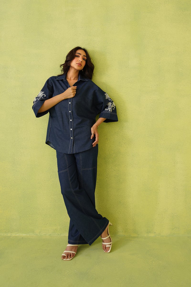Denim Blue Embroidered Shirt and Wide-Leg Co-ord Set