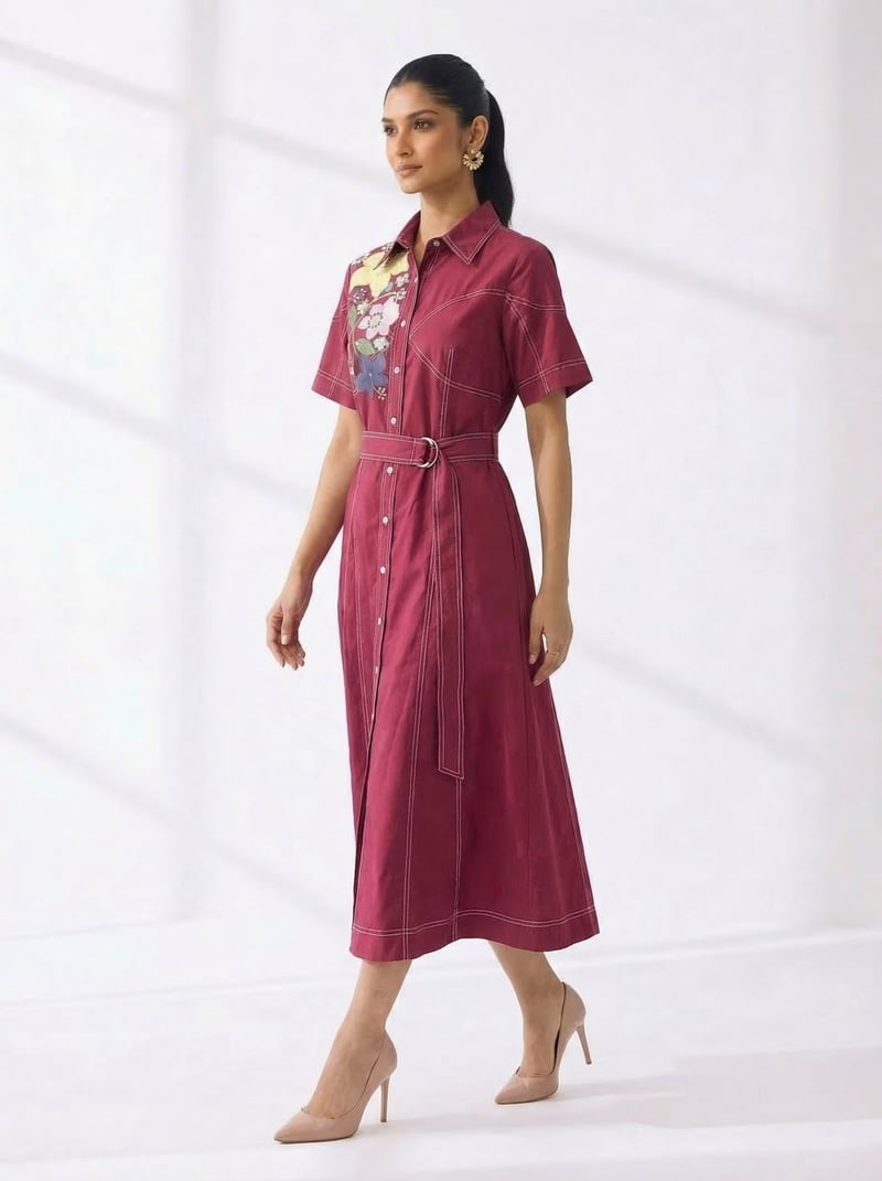 Red Belted Midi Shirt Dress with Embroidered Detail