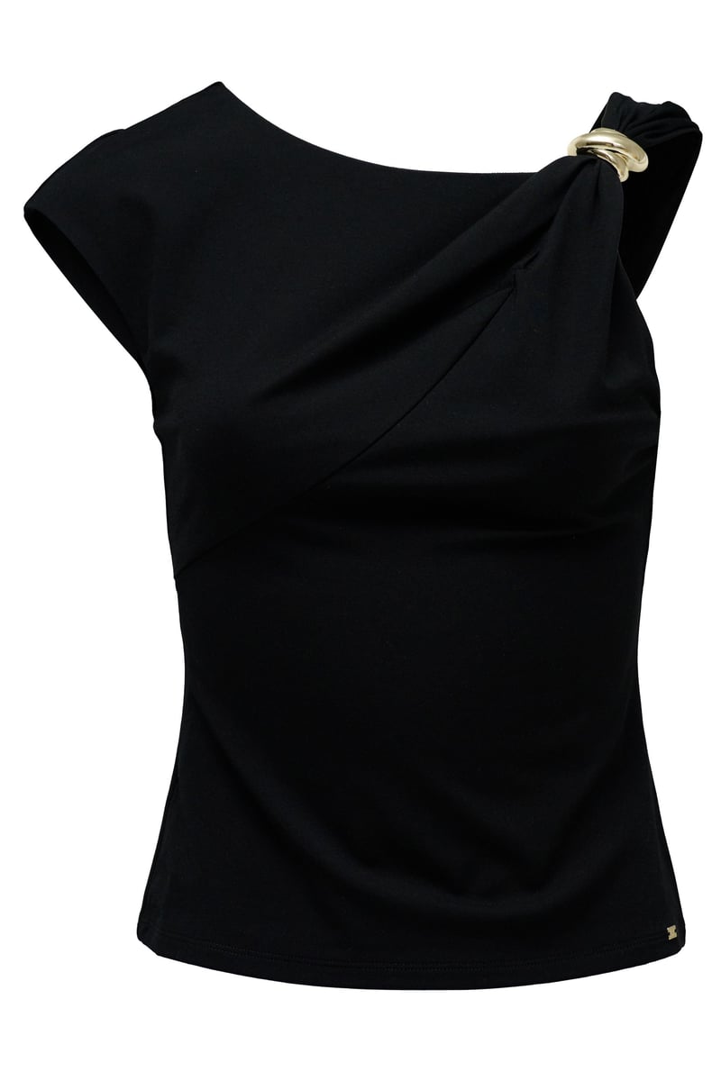 Black One-Shoulder Draped Top with Hardware Ring Detail