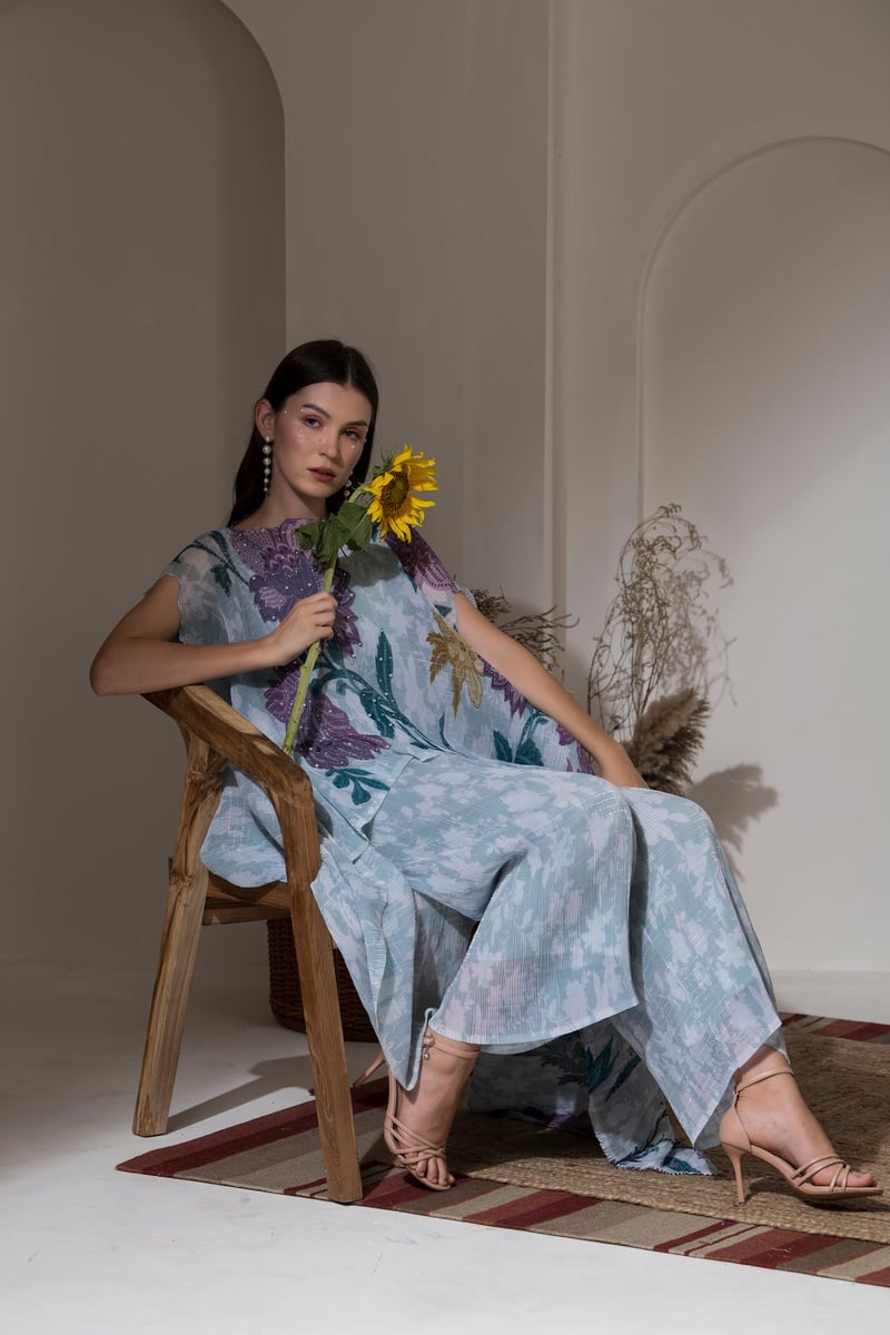 Blue Floral Kaftan and Wide-Leg Pant Co-ord Set