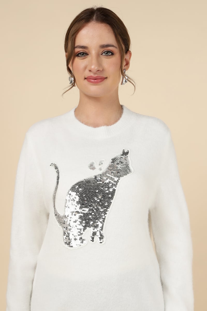 White Sequin Cat Motif Crewneck Pullover Sweater