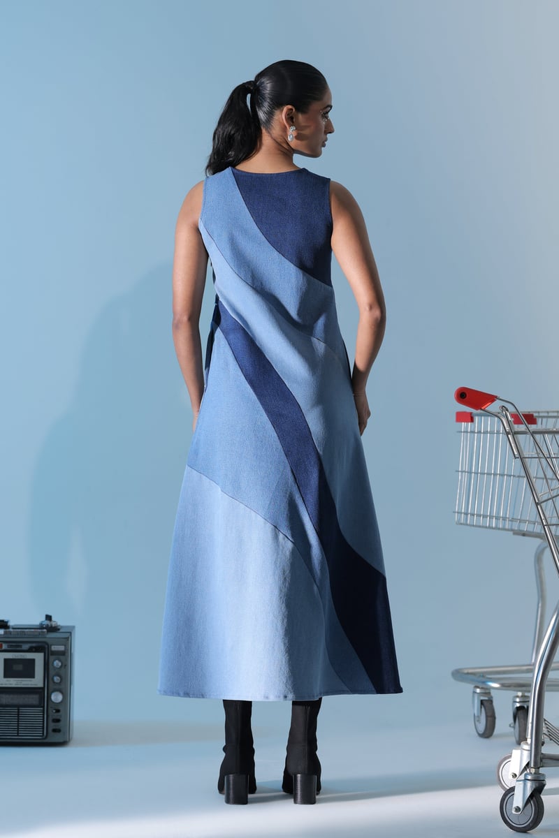 Blue Panelled Denim A-Line Midi Dress