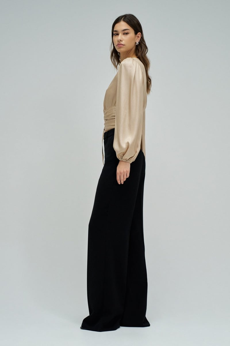 Gold Metallic Ruched Waist Tie-Up Wrap Blouse