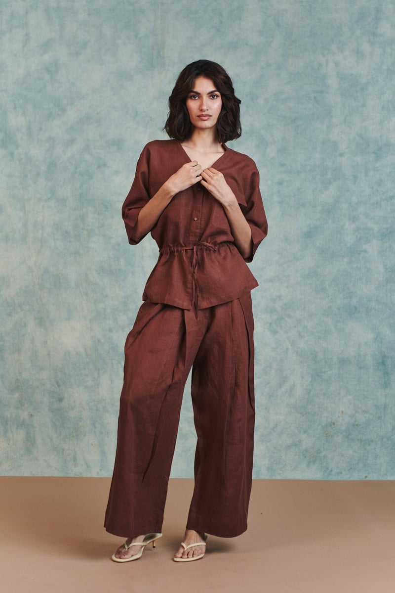 Linen Drawstring Shirt & Pleated Tuck Pants Set