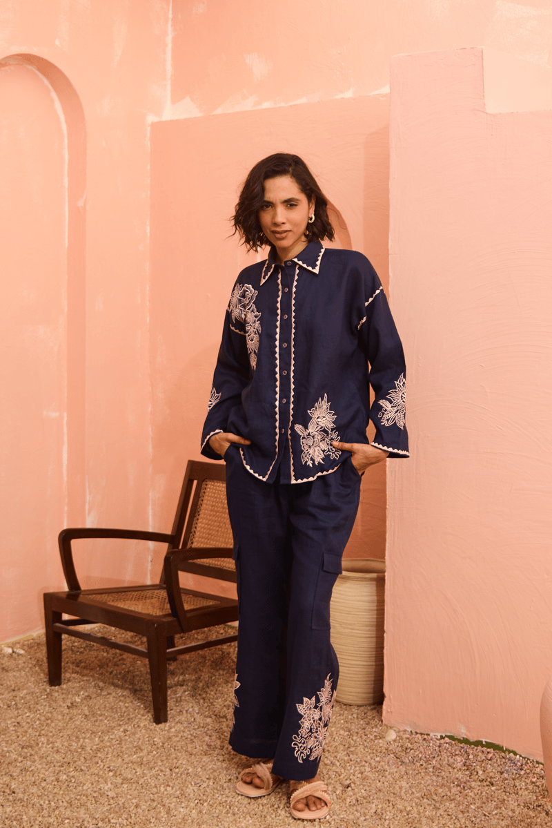 Navy Linen Embroidered Shirt and Flared Pants Co-ord Set