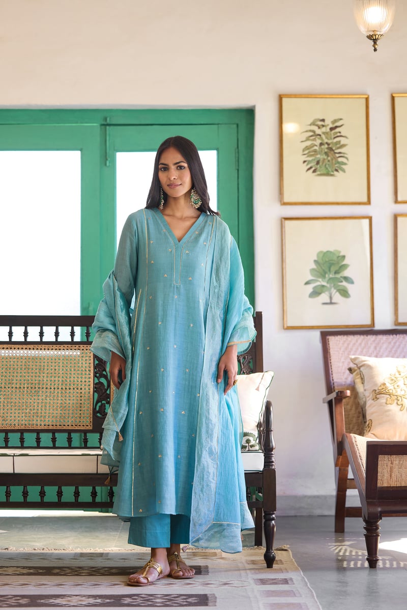 Sky Blue Silk Chanderi Embroidered Kurta Set