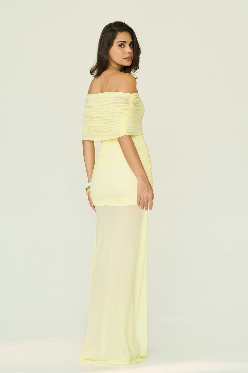 Butter Yellow Off-Shoulder Ruched Maxi Gown