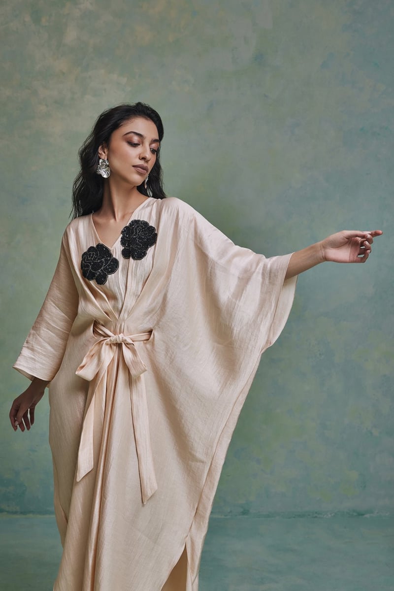 Beige Banarasi Tissue Kaftan with Tie Belt