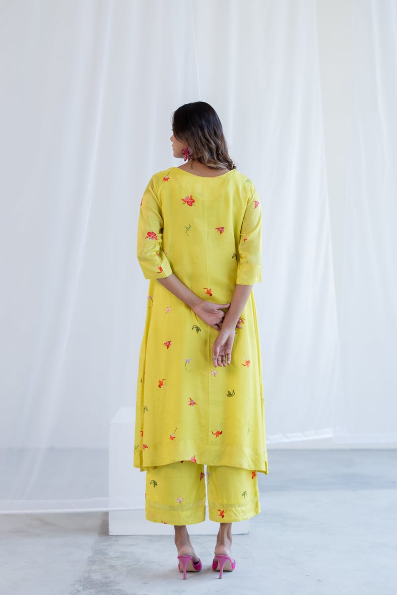 Lime Green Silk Voile Floral Printed Kurta Set with Pants