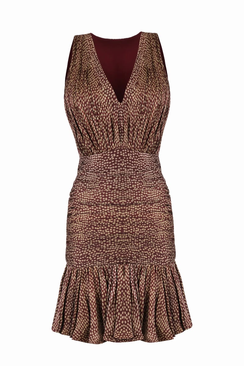 Brown Printed Halter Ruched Ruffle Mini Dress