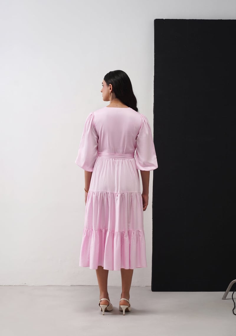 Baby Pink Embellished Tiered Wrap Midi Dress