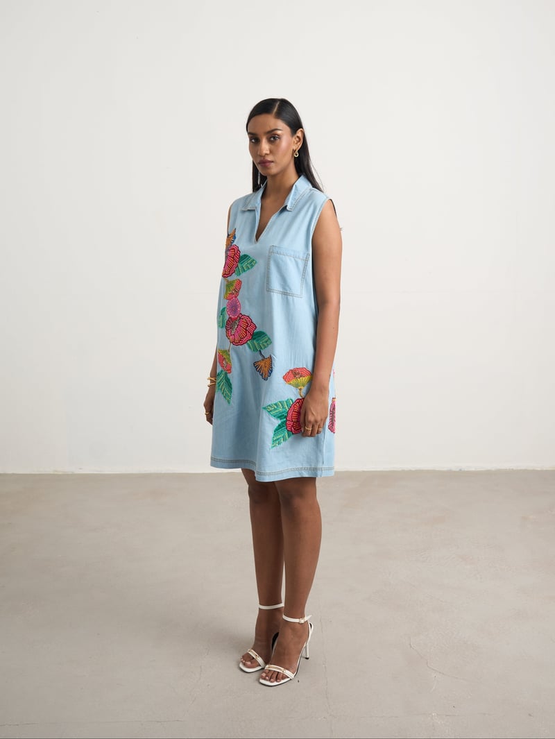 Blue Denim Sleeveless Collared Dress with Floral Embroidery