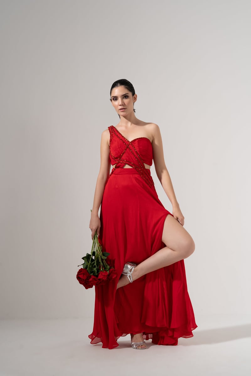 Crimson One-Shoulder Beaded Cutout Maxi Gown
