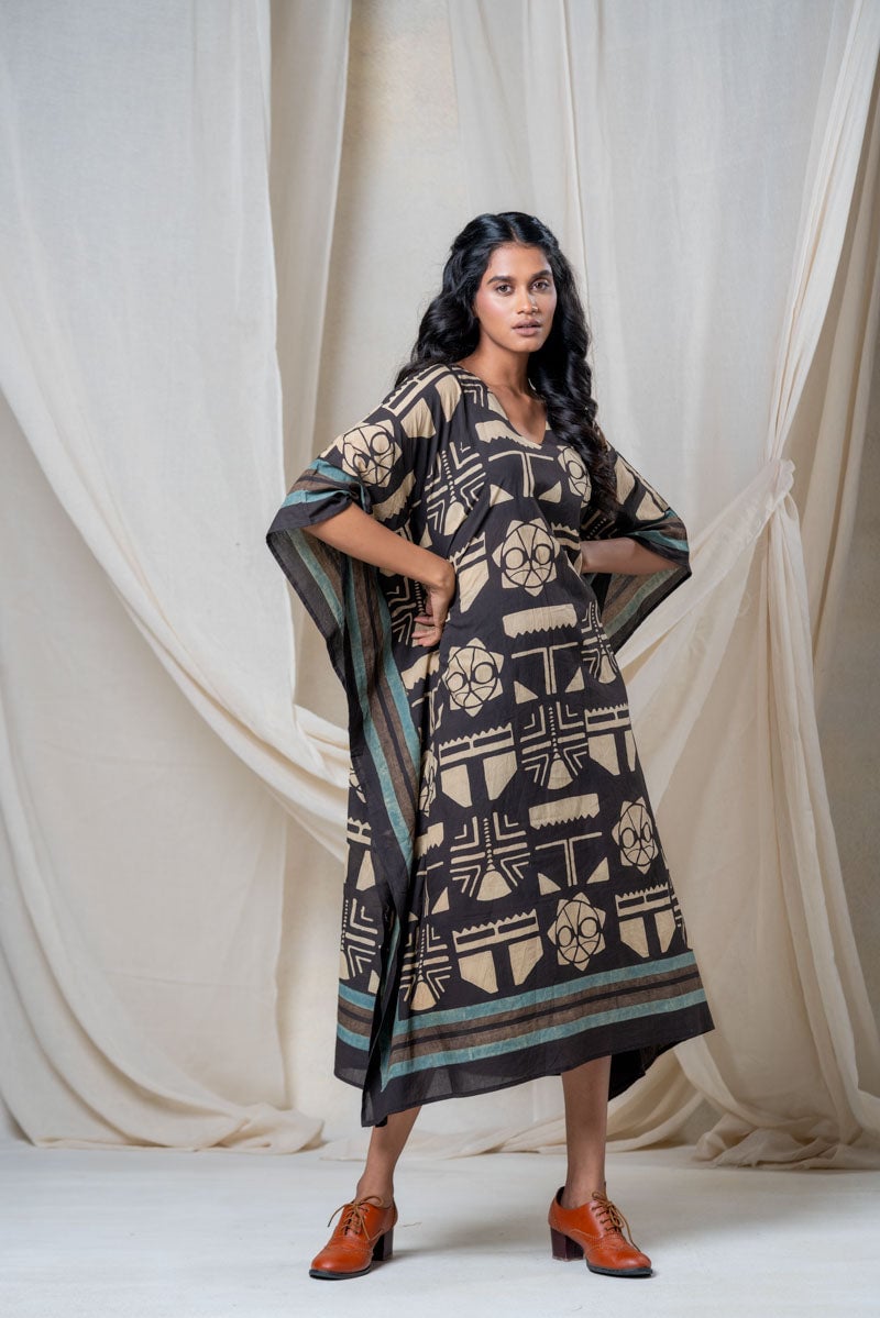 Black Block Print Cotton Midi Kaftan Dress
